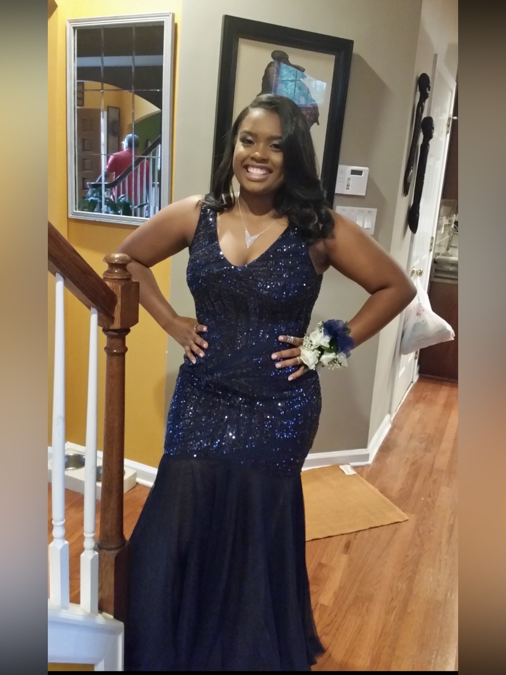 Elegant Navy Sequin V-Neck Evening Dress